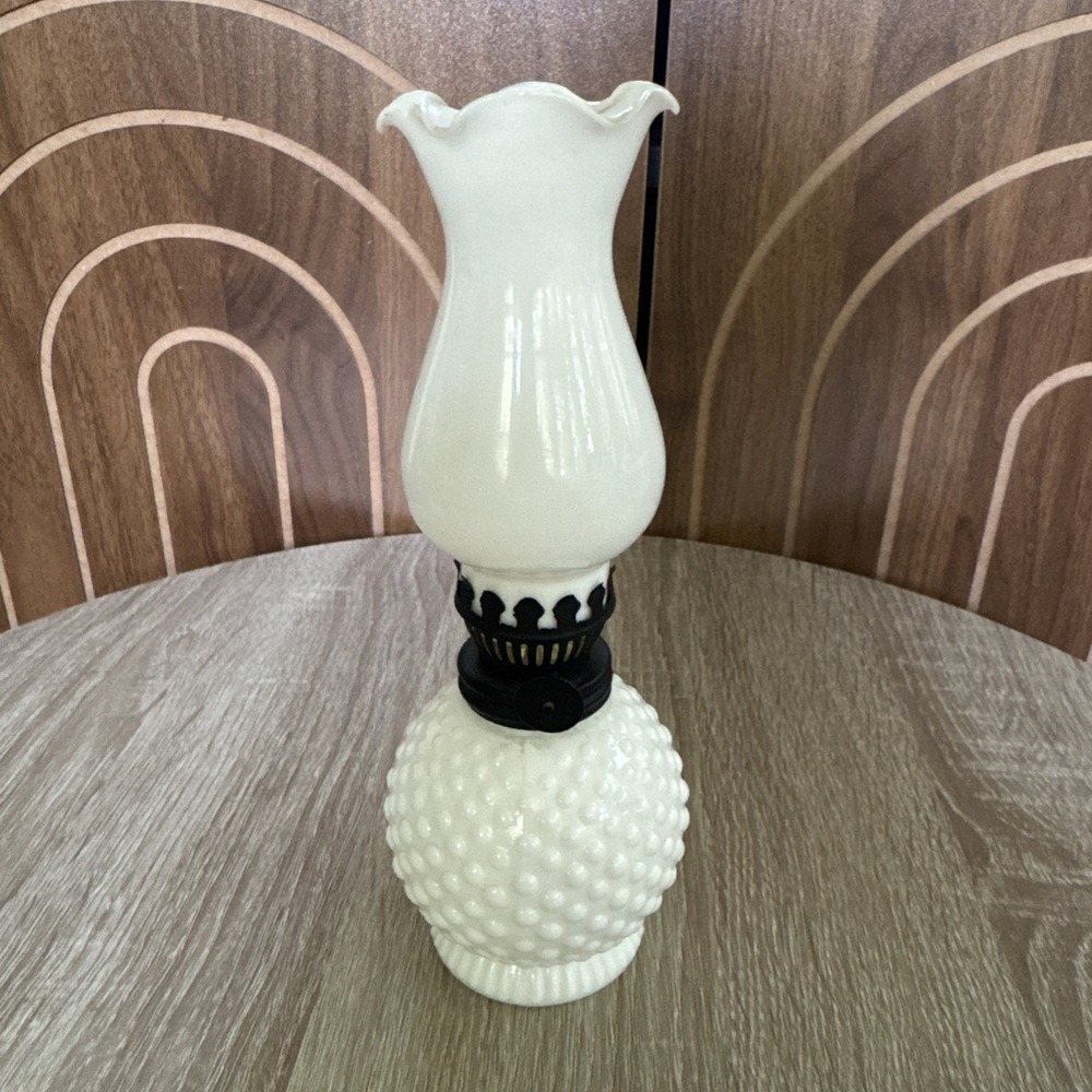 Vintage Small Fenton Style Hobnail Milk Glass Oil Lamp Scalloped Edge Hurricane